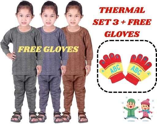 Image of Woollen Thermal Set Unisex Kids Winter Wear Innerwear Top & Full Pant Warmer Combo for Girls Boys, Body Warmer (Inner and Pyjama) Pack of 3