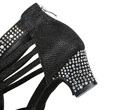 Sandales de danse latine femme L491 noir à strass strassés et talon de 5cm - 6