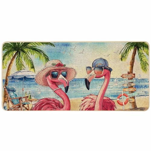 Baccessor Summer Flamingo Doormat Outdoor Beach Ocean Pool Tropical Palm Leaf Welcome Doormat Door Mat Non-Slip Rubber Backing Front Entrance Seasonal Outside Indoor Decoration Large 17x36 Inch