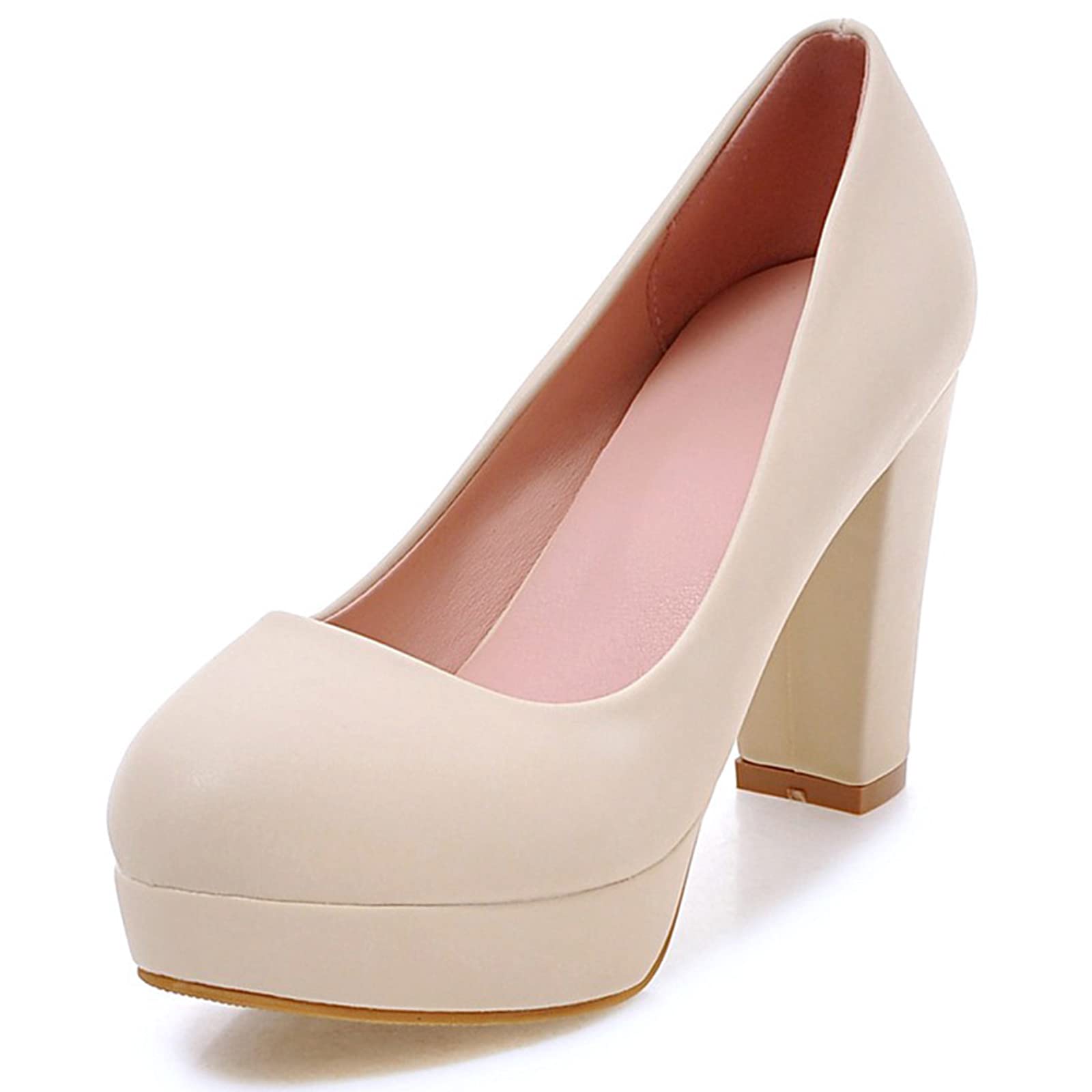 Gicoiz Footwear Ladies Round Toe Slip On Block High Heel Dress Shoes