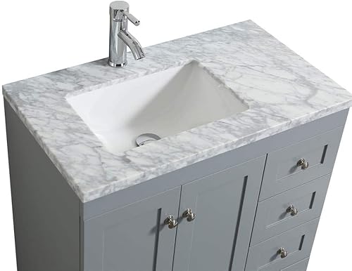 Miniatura 5 de Eviva Happy Grey - Mueble de baño de transición de 30 pulgadas x 18 pulgadas, mueble de lavabo con encimera de mármol blanco de Carrara, tocador de