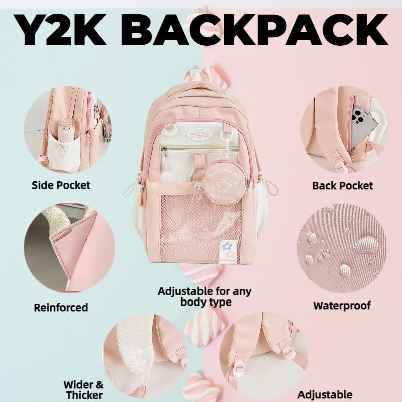 Kawaii Backpack Double Shoulder Bag with Cute Star Removable Pouch Clear Pocket Large Capacity Dopamine Colors Daypack (Clear Pink) - Image 5