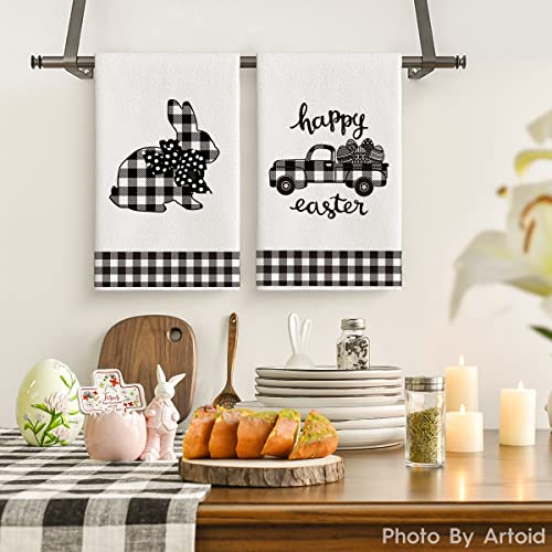 Artoid Mode Buffalo Plaid Rabbit Truck Kitchen Dish Towels, 18 X 26 Inch Seasonal Happy Easter Holiday Ultra Absorbent Drying Cloth Tea Towels For Cooking Baking Set Of 2 #TOP1