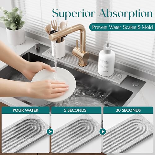 Image of Eormoe Stone Kitchen Sink Faucet Mat, Premium Upgraded Food Grade Diatomite Drying Stone Tray & Splash Guard, Fast Drying Sink Protector for Kitchen Counter, Dishwasher Safe (23.6 inch x 3.9 inch)