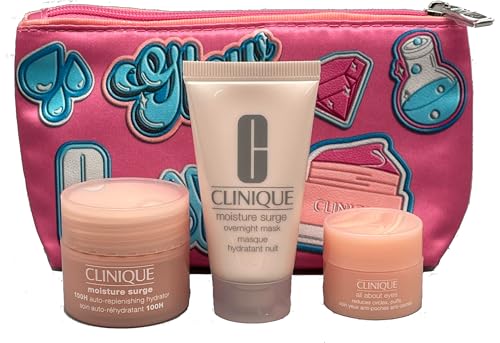 Clinique Neceser de cosméticos con 3 productos, Mousture Surge 100H Auto-replenishing Hydrator 15 ml, máscara de sobrecalentamiento Mousture Surge Overning Mask 30 ml, All About Eyes Reduces Circles 5