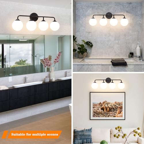 Image of 4-Lights Black Vanity Lights with Milky White Globe Glass Shade, Industrial Bathroom Wall Sconces Light over Mirror, Vanity Lighting Fixture for Bathroom Dressing Table Bedroom Living Room