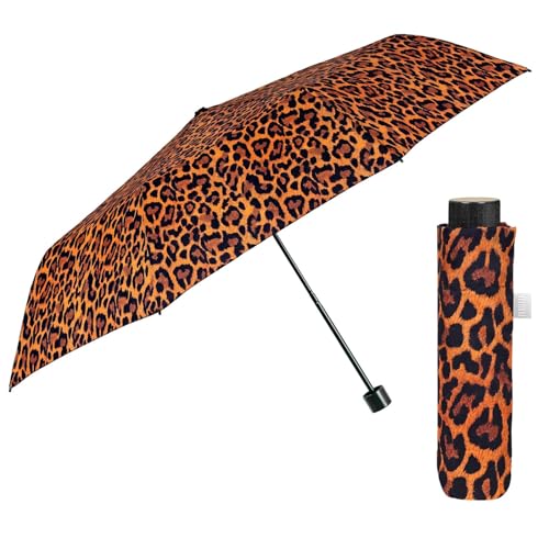 PERLETTI Regenschirm Kompakt Handtasche für Damen - Taschenschirm Manuell für Frauen Mädchen - Damenschirm Regen Schirm Sturmfest Leicht Mini - Durchmesser 97 cm (Leopardenorange)