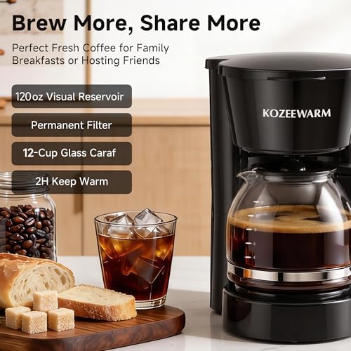 KOZZEWARM Coffee Maker, 12 Cup Drip Coffee Machine with Glass Carafe and Dry-boil&Overheat Protection for Travel Camping RV Office - 2