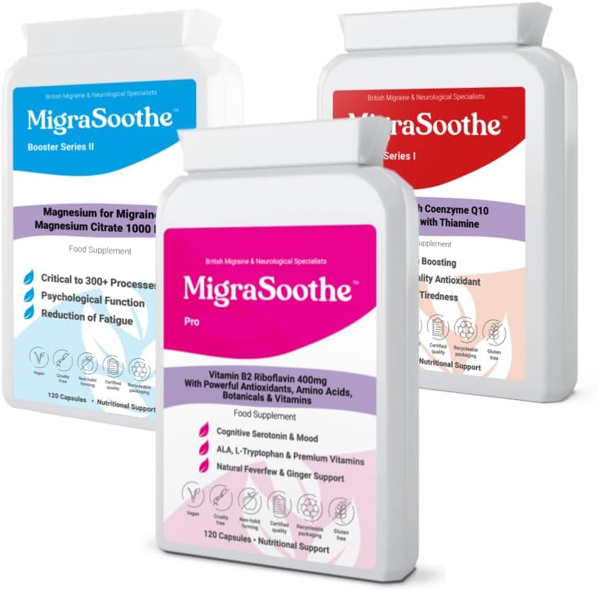 Pro Version Migraine & Mood Triple Pack - Riboflavin Tryptophan (Mood Booster) Magnesium & CoQ10 Stack UK Made 300 Capsules 2 Months Supply