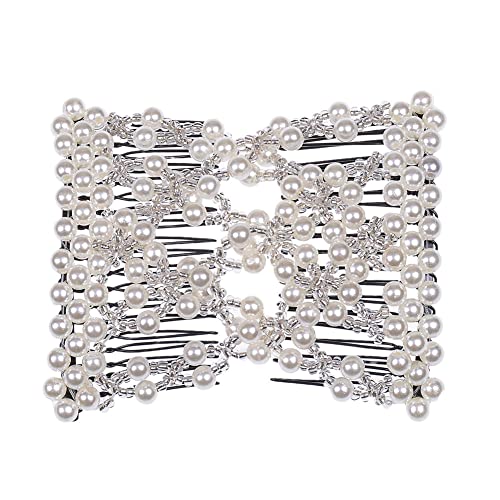 LOVEF Easy Magic Hair Combs Sweet Color Exquisite Pearl Beaded Double Hair combs Clips Stretchable Hair Side combs Hair Styling Combs Hairpin Hair Accessories for Women Wedding Prom Party (White) image 4