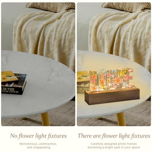 Image of Floral Letter LED Night Light: Resin Dried FlowerLetters Lamp with USB - Handmade Pressed Flower Nightlight Unique Customized Gift for Home Decoration (TP-Yellow Flower, 1)