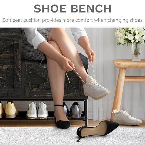 DWVO Farmhouse Shoe Cabinet Bench with 2 Flip Drawers for 16 Pairs, Chic Entryway Bench and Rustic Design for Living Rooms and Hallways (Dark Oak)