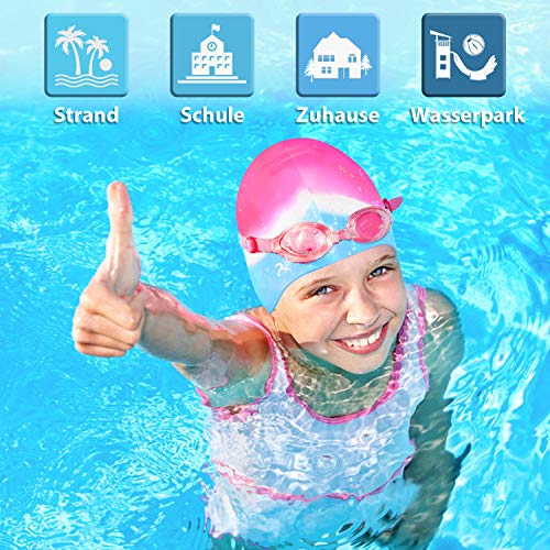 Badekappe für Kinder, Jungen und Mädchen im Alter von 5-12 Jahren, Bequeme Passform für langes und kurzes Haar,Pink & Blue,S – Ansicht 4
