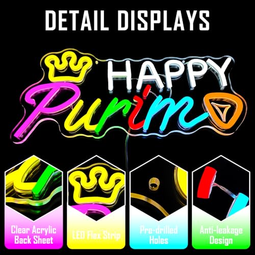 Image of Happy Purim Neon Sign Purim Neon Signs for Wall Decor Dimmable Purim Decorations Led Sign Jewish Carnival Party Hanging Neon Lights for Kids
