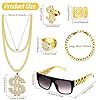 Goenb 8 Pcs Hip Hop Costume Accessories, Hip Hop Costume Kit 80s 90s Accessories for Men Women Fake Gold Chain Rapper Sunglasses Dollar Sign Chain Ring Kanji Ring Party Favors Decoration #2