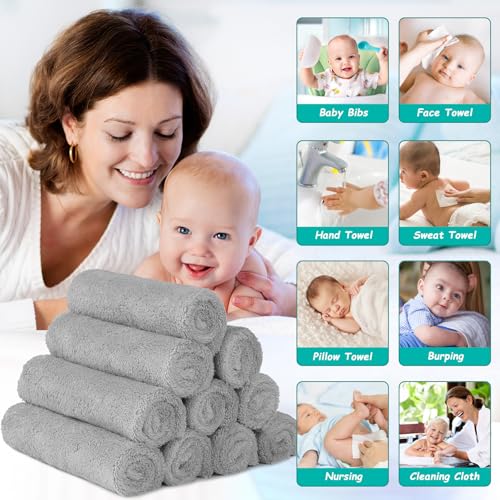 Image of HOMEXCEL Baby Washcloths 12 Pack-Microfiber Coral Fleece Baby Bath Face Towel 7 x 9 Inch Extra Absorbent Soft Burp Cloth and Wash Cloths for Newborn-Infants and Toddlers-Gentle On Sensitive Skin,Grey