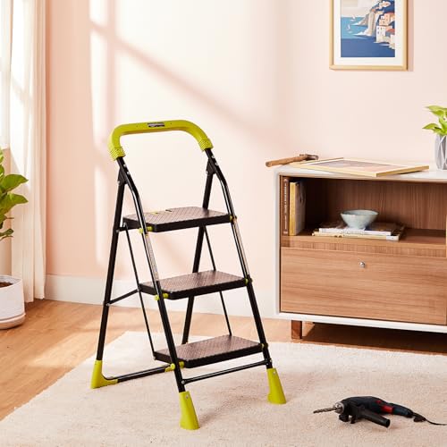 Image of Amazon Basics Dynamo - Foldable Step Ladder, Safety Clutch Lock, Anti Slip Steps, Knee Guard, Anti Skid PVC Shoes, 3 Steps (Steel, Black & Lime Green)