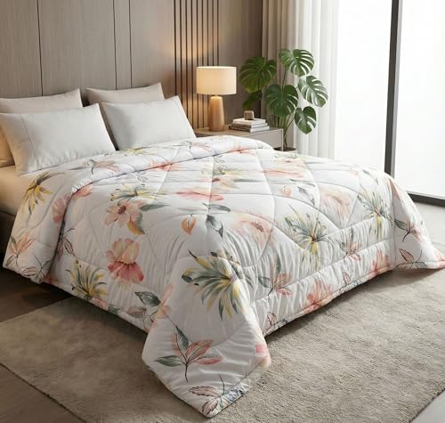VAS COLLECTIONS 220 GSM Reversible Microfiber AC Comforter/Duvet | Floral Pattern, 3-Layer Quilted All-Season Blanket for Double Bed (250 x 225 cm) | 2 kg (Pearl Light Pink White, Double)