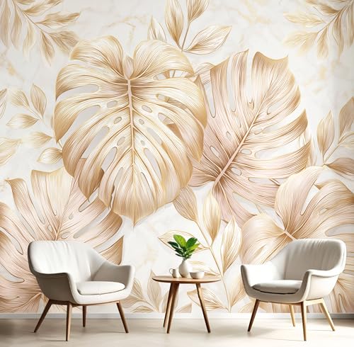 3D Papel Pintado 3D Metal Monstera Para Pared – Mural Decorativo Beige Para Dormitorio Y Sala Planta Mármol – Póster Fotográfico Papel Tapiz Fotomurales De Pared 150X105Cm