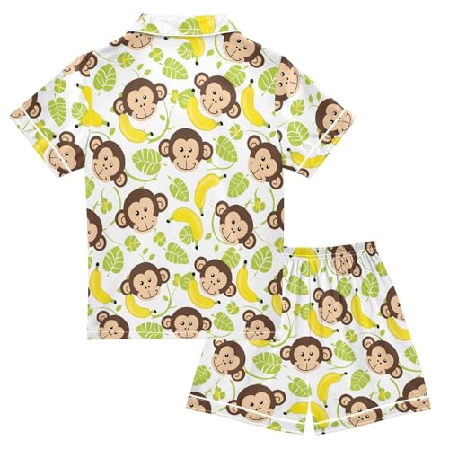 Funny Monkey Face Banana Summer Satin Pajama Set, Cute Button-Down Sleepwear Pj Set for Sleep Wears2