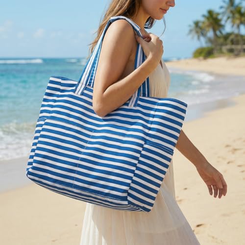 G4Free XL Beach Bag Waterproof Sandproof, Large Foldable Beach Tote with Zipper for Women, Pool Travel Swim Grocery Tote Bags, Blue Strip by G4Free - Used condition - Image 2