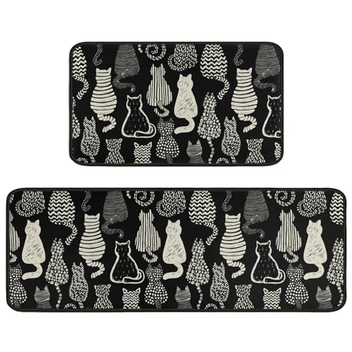 Cute Black Cat Kitchen Rugs Set of 2,Country Style Kitchen Rugs Farmhouse Style Mats Non-Slip Washable,Cat Kitchen Decor Anti-Fatigue Floor Mats for Kitchen Sink Laundry Room,17x30+17x47 Inches Black