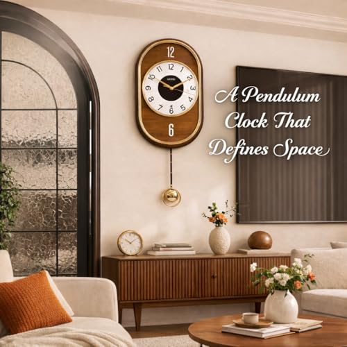 Image of ARMONIA Designer Pendulum Wall Clock for Living Room - Large Decorative Acrylic Lolak Wall Clock with Silent Sweep Movement, Modern Vintage Style Home Decor Clock for Bedroom & Office (Brown, 70x30cm)