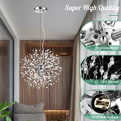 Modern Crystal Chandeliers Firework, Semi Flush Mount Ceiling Light Fixtures, 8-Light Chrome Dandelion Chandelier, Stainless Steel Pendant Light For Bedroom Foyer Hallway Entryway Kitchen, G9 Socket #TOP3