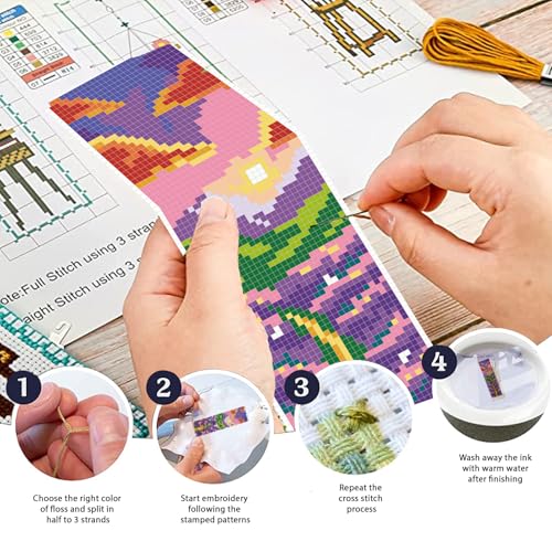 Image of FREEBLOSS 6 Set Cross Stitch Bookmark Kit for Beginner Adults Landscape Stamped Embroidery Bookmark Kits Cross Stitch Kits with Instruction Bookmarks Making Kit for Book Lovers 8x2.4in /20x6cm
