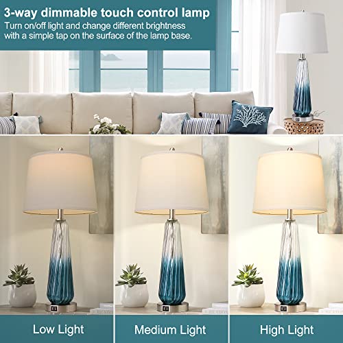 Table Lamps For Living Room With Touch Control, 3-Way Dimmable Bedside Lamps With 2 Usb Ports, Modern Glass Nightstand Lamp With White Fabric Shade, 27.5" Large Lamps For Home Bedrooms Decorations #TOP1