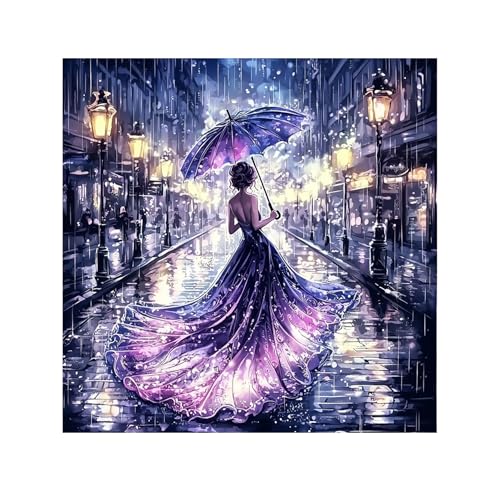 Image of QENSPE Diamond Art Kits for Adults, DIY Ladies Purple Dress Full Drill Diamond Painting Kit for Beginners, Street Scene 5D Round Diamond Dots Paintings, Gem Art Crafts Home Wall Decor Gifts 12x12 inch
