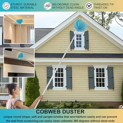 Image of Cobweb Duster with Extension Pole,Adjustable 57 inch Spider Web Brush with Pole | Medium Stiff Bristles Cobweb Duster Head ,for High Ceilings, Suitable for Ceilings, Walls, Indoor Outdoor Environments