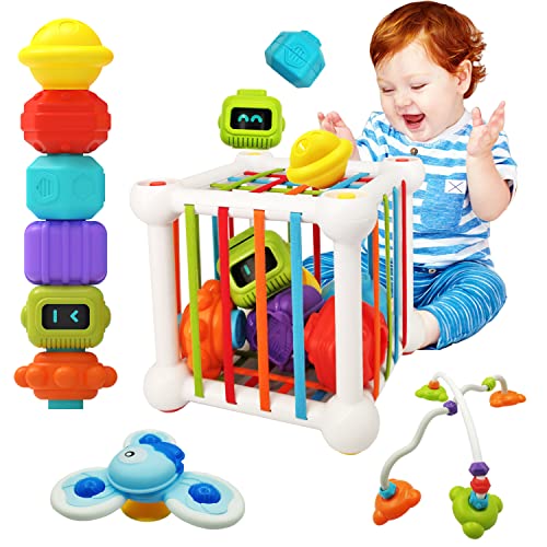 Goujfol Montessori Juguete Cubo de Actividades, Juguetes Bebé Cubos Apilables, Juguetes Montessori 1 años, Juguetes sensoriales del bebé 6-12 Meses, Juguetes para clasificar Formas para niños Cover