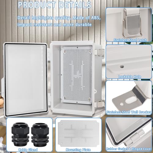 Image of Zulkit Junction Box,IP67 Waterproof Electrical Box Hinged Cover Stainless Steel Latch Plastic Enclosure for Project w Mounting Plate Wall Bracket and 2 Cable Gland Grey 11 inchx7.5 inchx5.5 inch /280x190x140mm