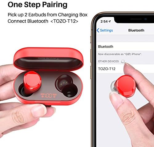 TOZO T12 Wireless Earbuds Bluetooth Headphones Premium Fidelity Sound Quality Wireless Charging Case Digital LED Intelligence Display IPX8 Waterproof Earphones Built-in Mic Headset for Sport Red
