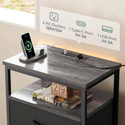 Image of Huuger Night Stand with Charging Station, 4 Drawer Dresser for Bedroom, Bedside Table, 33.5 Inch Tall Nightstand with Open Shelf, End Table, for Closet, Entryway, Bedroooom, Gray