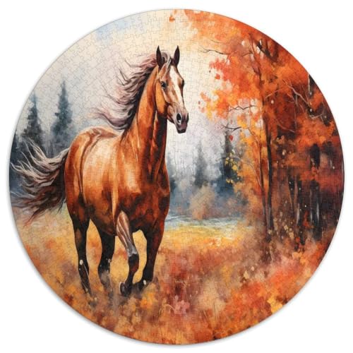 Puzzle redondo de 1000 piezas con diseño de caballo marrón corriendo en el bosque de otoño