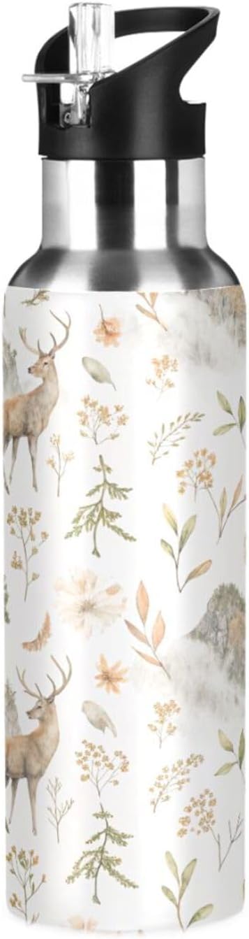 Sika Deers and Fox Insulated Water Bottles with Straw Lid, BPA Free, 22 oz Leak Proof Stainless Steel Sports Water Bottle Vacuum Double Wall Bottles for Gym Cycling Travel Camping