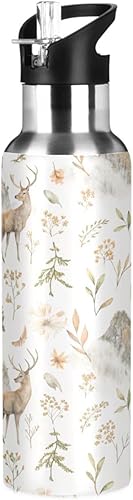 Sika Deers and Fox - Botellas de agua aisladas con tapa con popote, sin BPA, 22 onzas, botella de agua deportiva de acero inoxidable a prueba de