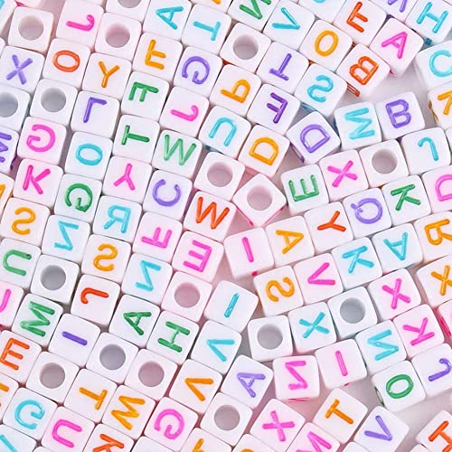 1200pcs 6×6mm Alphabet Beads White Cube Acrylic Colorful Letter Beads, for Bracelets and Jewelry Making