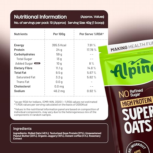 Image of ALPINO 24% High Protein Super Oats Classic Coffee 1kg - Rolled Oats, Natural Peanut Butter, Coffee Extract, Jaggery Powder - 24g Protein, Source of Dietary Fibre & Healthy Fats, No Refined Sugar & Salt