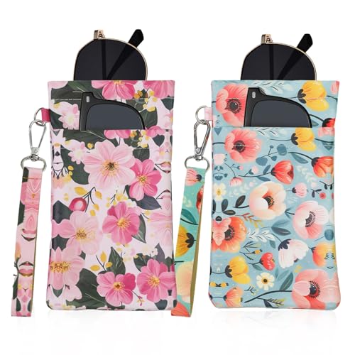 FlyingMage Double Eyeglass Case Soft Dual Glasses Case for Women Men Travel Squeeze Top Sunglasses Cases Eyeglasses Pouch (2, Blue+Pink Flower)