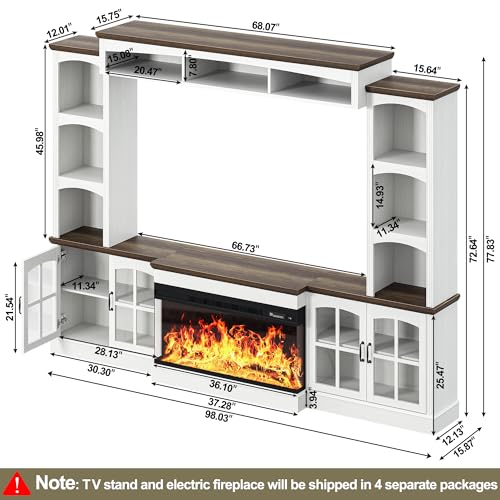 98" Farmhouse TV Stand with 36" Electric Fireplace, Bookshelves,…