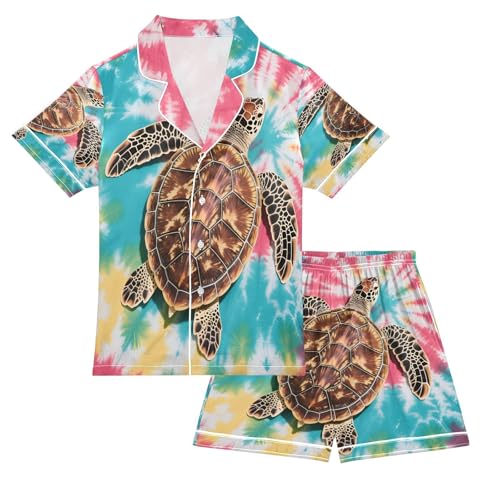 ALAZA Lovely Sea Turtle Tie Dye Satin Pajamas Set Short Sleeve Button Down Sleepwear Summer Pjs 2 Piece