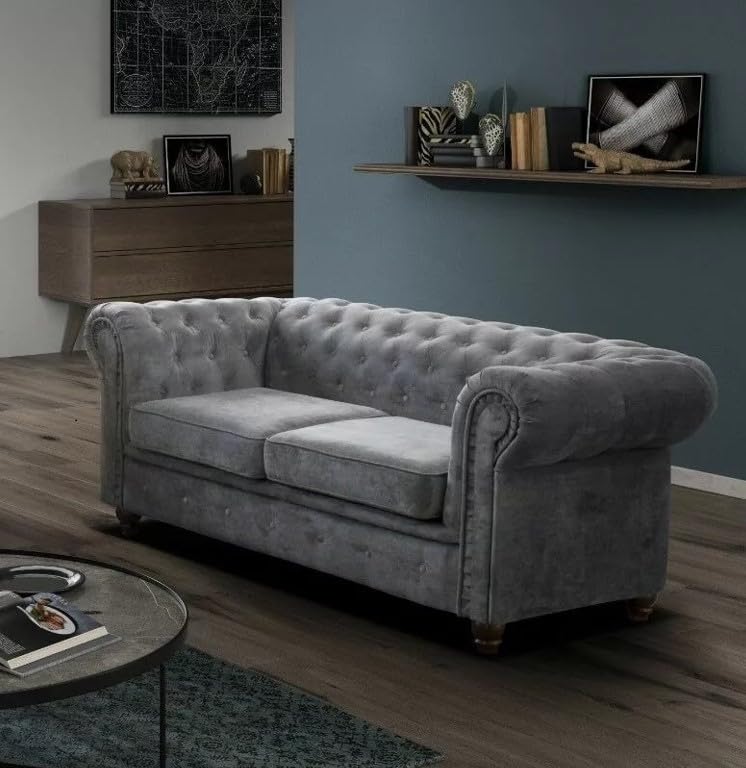 Easy4You Chesterfield Dunkelgrau Velvet 3-Sitzer Sofa 225x74x88 cm Sofas für Wohnzimmer Sofagarnituren mit Holzfüße Set Sofas & Couches