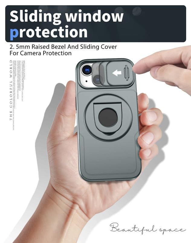 Image of LuxuryKase MagSafe Shockproof Rugged Back Case for iPhone 15 | Finger Ring Kickstand & Sliding Camera Cover | Military Drop Protection | Wireless Charging Support - Grey