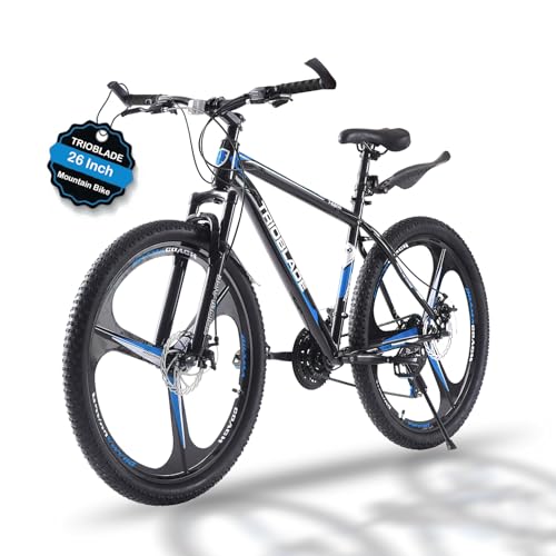 Image of TRIOBLADE 24''26''27.5'' Mountain Bike 3 Spoke Wheels Mountain Bicycle 21 Speeds Disc Brake Bike Lightweight Frame Bicycle for Adult Men Women Sport Cycling Bike (26inch-Black&Blue)