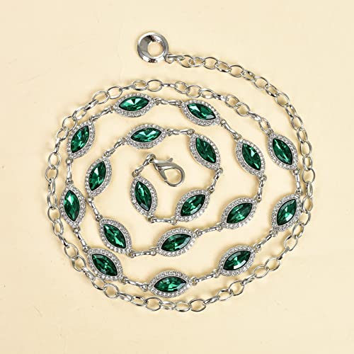 Iluvatar Green Glass Diamond Chain Belt Metal Diamond Belt Women's Dress Metal Belt Women's Western Style Belt Women's Belt Prism Decoration #TOP4