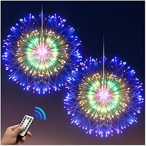 DenicMic Firework Lights Starburst Lights 200 LED Copper Wire Battery Operated Hanging Sphere Lights with Remote, 8 Modes Stars Fairy Ceiling Decorations for Patio Party Wedding Christmas (2 Pack) Cover