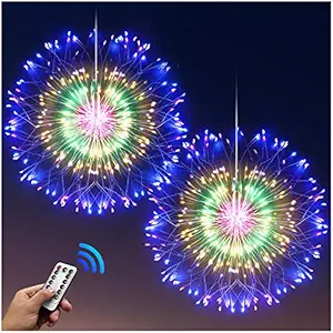 DenicMic Firework Lights Copper Wire LED Lights Battery Operated Fairy Lights with Remote, 8 Modes Starburst Lights, Decorative Hanging Lights for Patio Party Indoor Christmas Decoration (2 Pack)